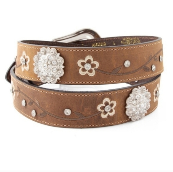 Ariat Accessories - Ariat Western Brown Leather Rhinestone Conches Embroidered Floral Belt Womens S